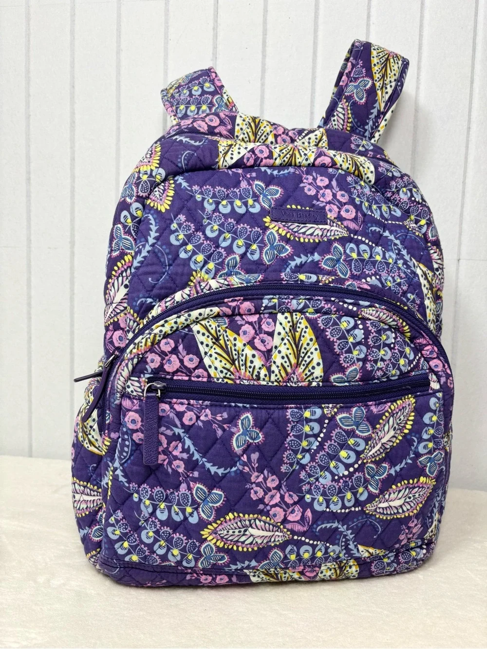 Vera Bradley Purple Floral Paisley Quilted Backpack Pink & Yellow Accents travel